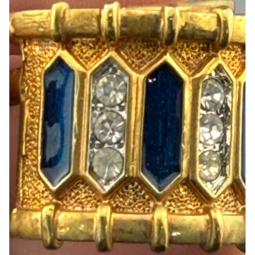 Vintage Drum Brooch Blue Enamel Clear Rhinestones Gold Tone Figural HS Band 7/8